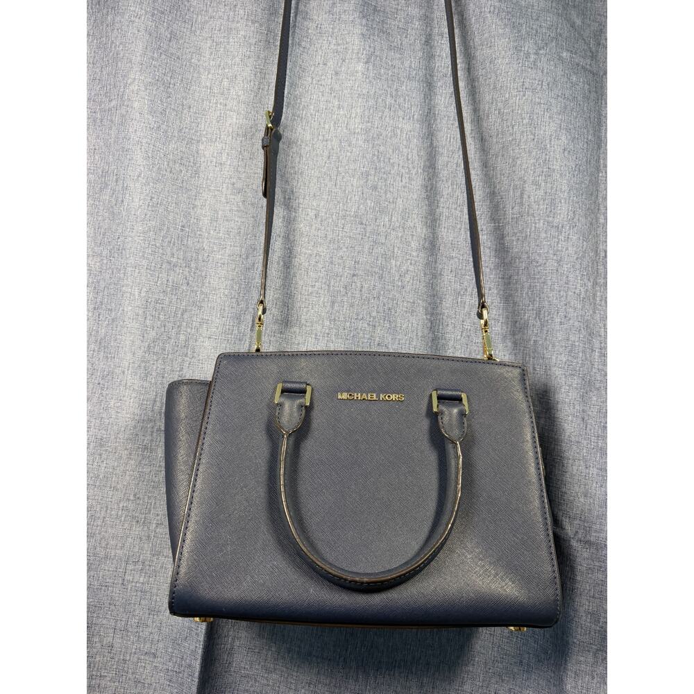 Michael Kors Navy Saffiano Leather Satchel Crossbody Gold Hardware - Picture 2 of 9